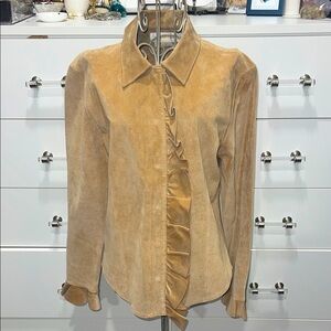Margaret Godfrey Tan Suede Leather Button-Up Shirt with Ruffle Detail, size 6